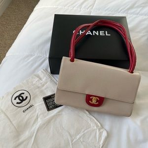 Chanel Beige Mesh Style Single Flap w/ Red Straps